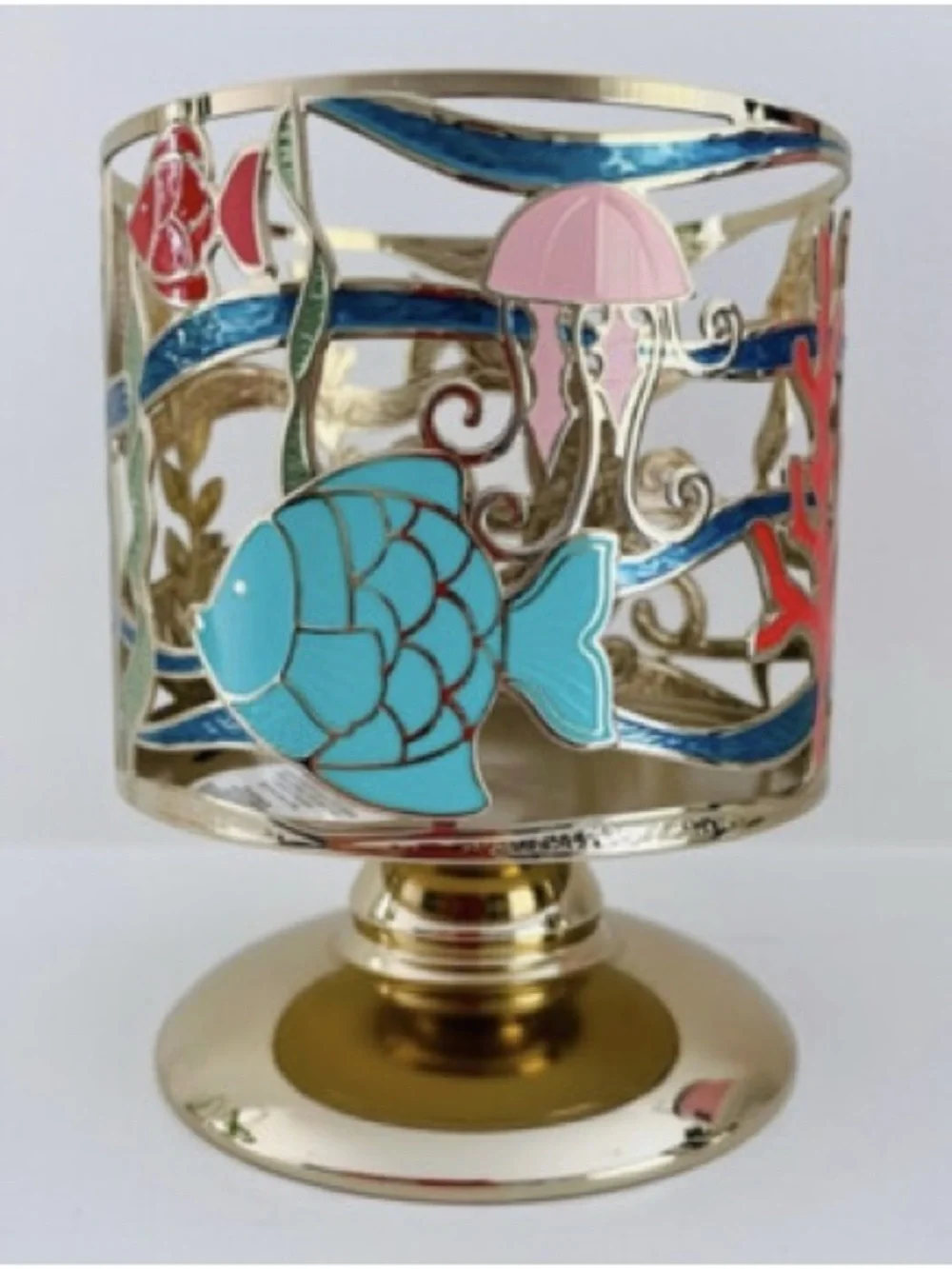 Gold Ocean Fish Candle Holder with Turquoise & Pink Accents - Picture 1 of 8